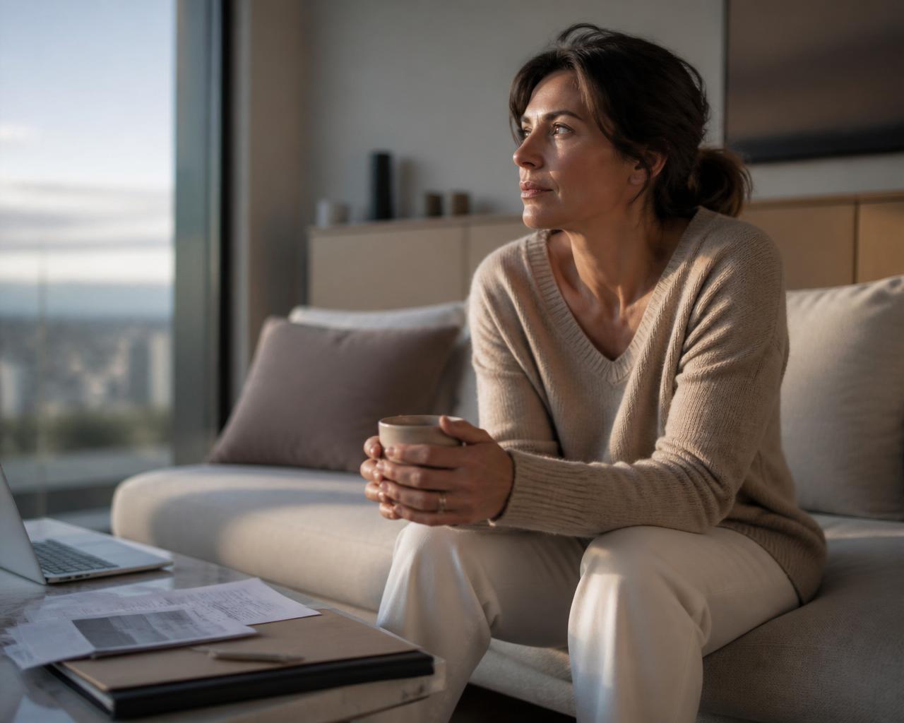 Donna pensierosa che guarda fuori dalla finestra